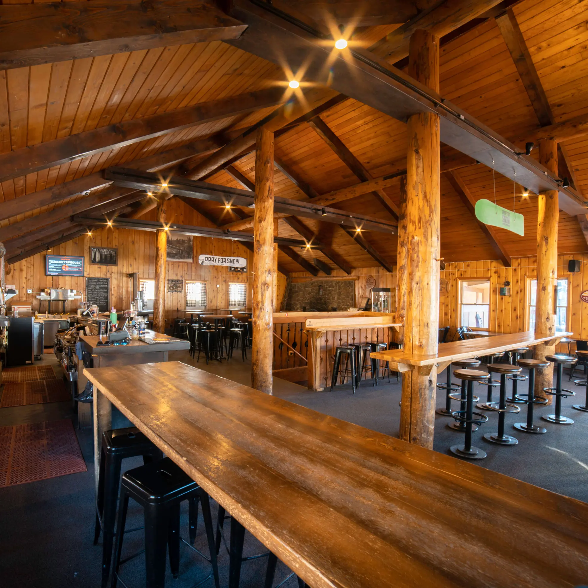 image shows bar and seating in Timbers Taphouse