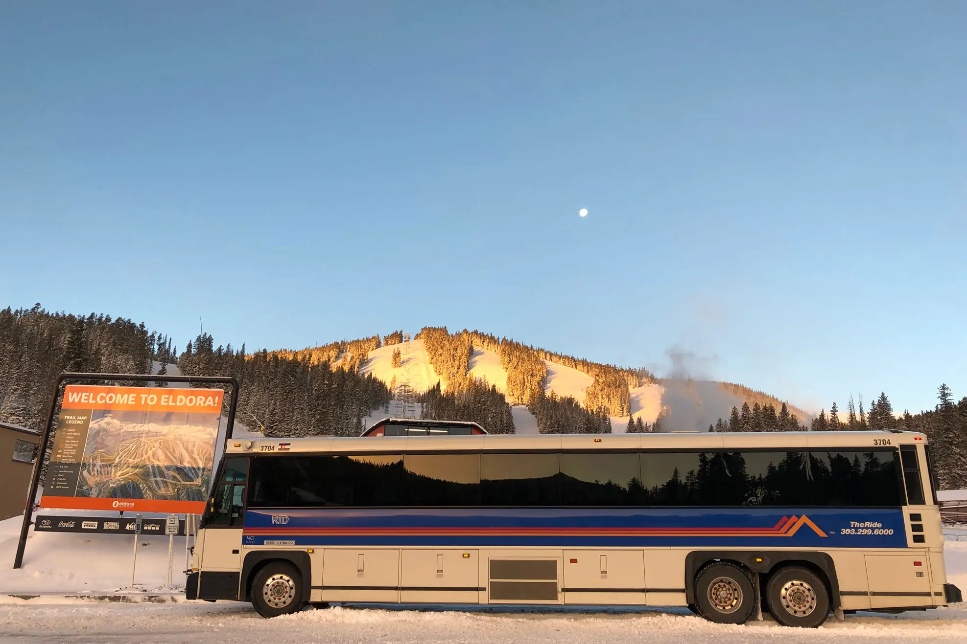 rtd bus in front of welcome to eldora sign